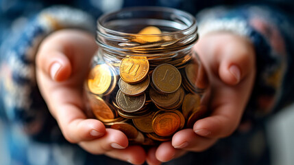 child’s hands gently clutch a glass jar filled with coins, symbolizing the importance of saving, financial literacy, and childhood innocence. This image captures the essence of future prosperity