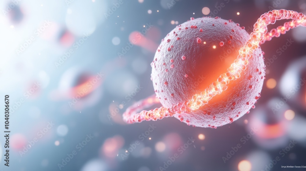 Poster a 3d model of a cell with a highlighted dna strand inside the nucleus, representing the location of 