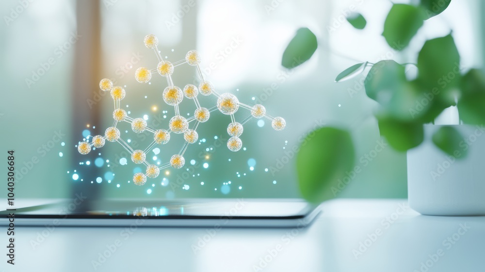 Poster a digital tablet displaying a 3d model of a molecule, with hand drawn illustrations of its component