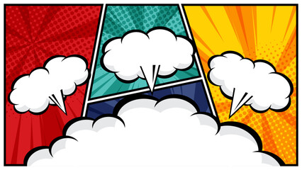 horizontal comic speech bubble in white cloud on a vibrant pop art background flat design vector illustration