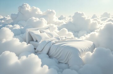 Bed with white bedding linens in white clouds as a concept for a serene and comfortable sleep