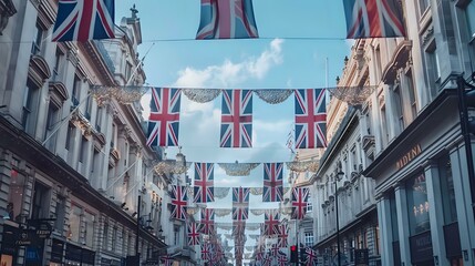 A street adorned with Union Jack flags, creating a festive atmosphere.