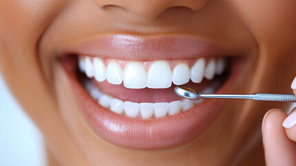 woman smiles confidently as a dentist cleans her teeth, showcasing the importance of dental hygiene and care. The scene reflects professionalism, health, and the beauty of a bright smile