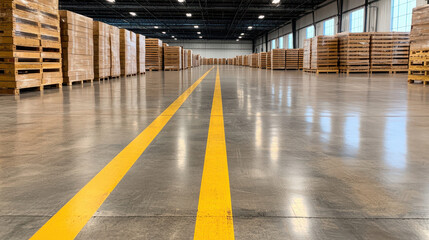 spacious warehouse interior with polished concrete floors and neatly stacked wooden pallets. Bright lighting and organized layout create efficient storage environment