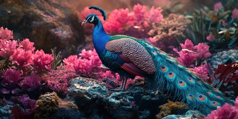 Fototapeta premium Peacock on Lush Green Field