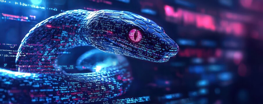 A computer screen displaying Python code with a digital snake, symbolizing the application of Python programming in data engineering and software development.