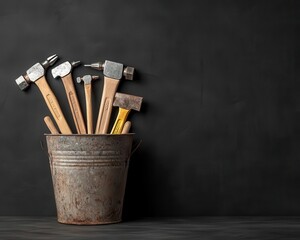 A bucket of tools including hammers, screwdrivers, and wrenches, ready for work