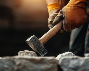 Masons hammer and chisel working on stone, focus on the tool, construction in progress