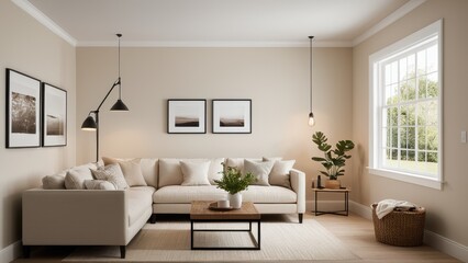 Fototapeta premium A modern living room with neutral tones features large windows, cozy sofas with pillows, a coffee table, indoor plants, stylish artwork, and wooden flooring.