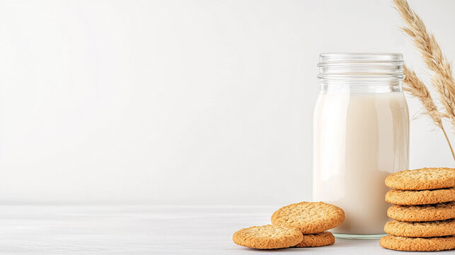 bote de cristal lleno de galletas de avena, con espacio en blanco