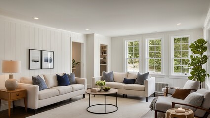 A modern living room with neutral tones features large windows, cozy sofas with pillows, a coffee table, indoor plants, stylish artwork, and wooden flooring.