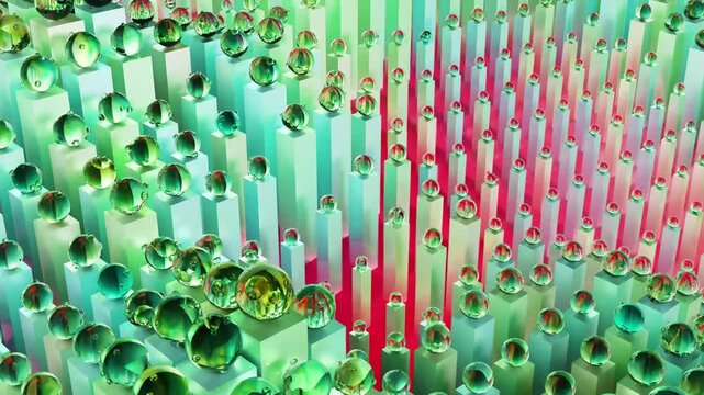 Colorful bunch of glass ball bounch animated glass shapes with seamless looped 4k abstract rendered background. Animate glass figures with a seamless loop on a gradient.