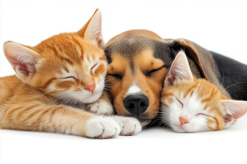 Fototapeta premium Peaceful Kittens and Puppy Sleeping Together on White Background