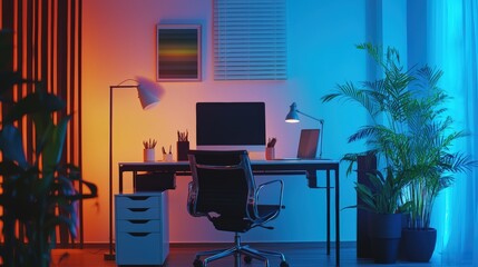 Naklejka premium A computer desk with a chair and a computer monitor
