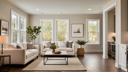 A modern living room with neutral tones features large windows, cozy sofas with pillows, a coffee table, indoor plants, stylish artwork, and wooden flooring.