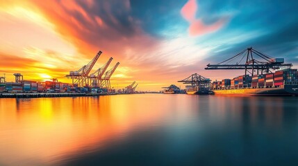 Obraz premium A contemporary port waking up to the sunrise, cargo operations in full swing under a dramatic morning sky, symbolizing the optimism and progress in global trade