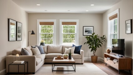 Fototapeta premium A modern living room with neutral tones features large windows, cozy sofas with pillows, a coffee table, indoor plants, stylish artwork, and wooden flooring.