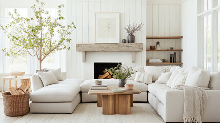 A cozy living room featuring modern sectional sofa, natural wood accents, and serene atmosphere. space is brightened by large window and decorative plant, creating welcoming environment