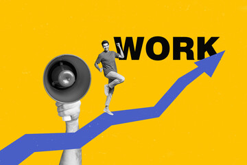 Creative collage image young man work employment celebrate victory success bullhorn announce...