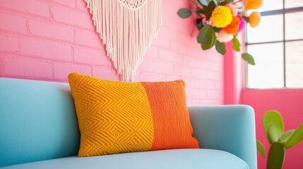 Bohemian home decor with vibrant colors, macrame wall hangings, and a mix of vintage and contemporary furniture.