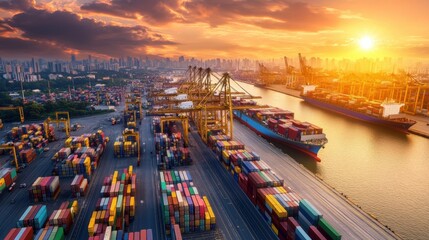A contemporary port with vibrant containers and cargo ships under the setting sun, photography style, photo of