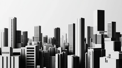 Obraz premium Abstract minimalist cityscape with black and white geometric shapes representing skyscrapers and buildings, creating a modern urban silhouette