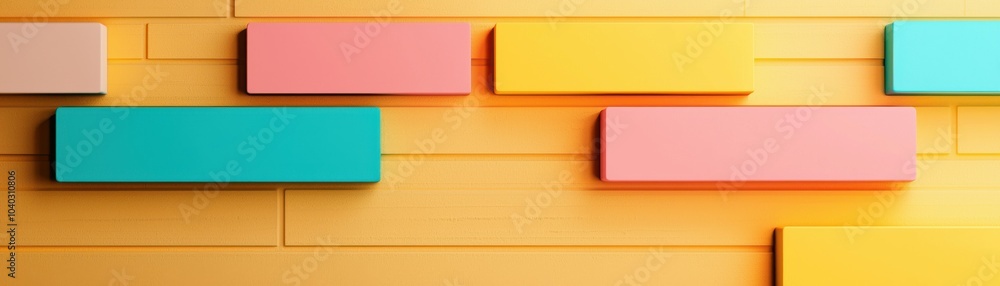 Poster colorful rectangular blocks arranged on a vibrant yellow wall, creating a modern and playful design.