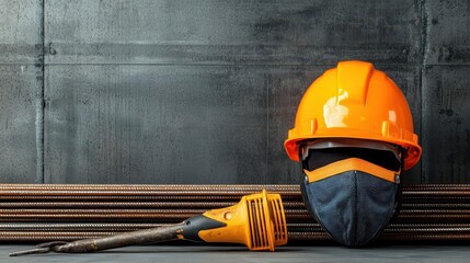 Welder s torch and mask beside metal beams, tools for construction and metalwork