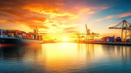 Obraz premium A contemporary port with vibrant containers and cargo ships under the setting sun, photography style, photo of