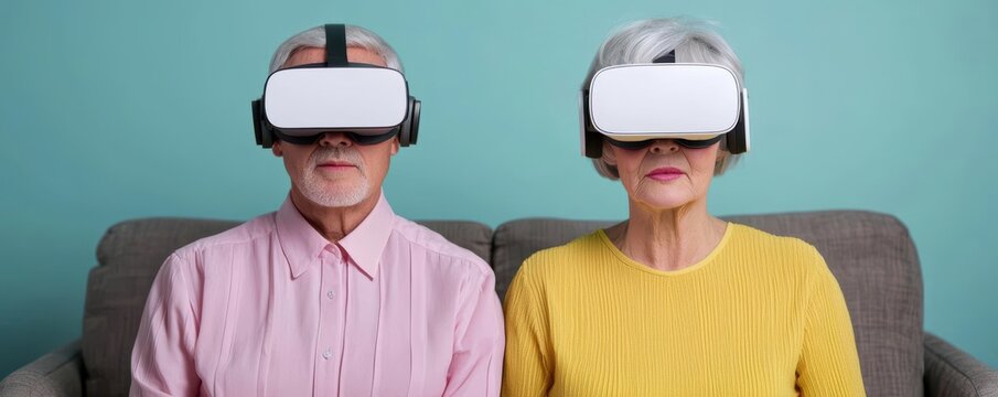 Senior couple using VR headset in a modern living room, exploring technology with excitement, Silver Gen  technology, active engagement with digital world - Powered by Adobe