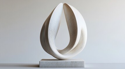 Minimalist white marble sculpture with smooth curves forming a teardrop shape, showcasing the beauty of natural stone and modern design
