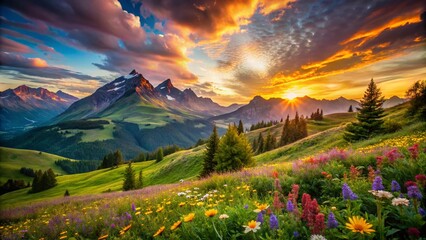 Naklejka premium Surreal Summer Mountainscape: Dreamy Peaks and Vivid Nature for Stunning Landscapes Photography
