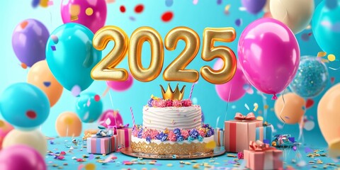 Golden numbers "2025" , colorful balloons around it, a birthday cake with a crown and flowers