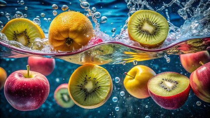 Surreal Underwater Scene with Colorful Fruits: Long Exposure Photography of Pink Apples and Yellow Kiwi Slices