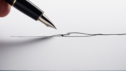 A sleek fountain pen writes elegant lines of black ink on white paper. The nib is metallic, reflecting light, conveying precision and sophistication.