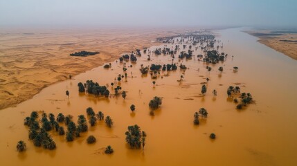 aerial view of a flooded desert after heavy rain
