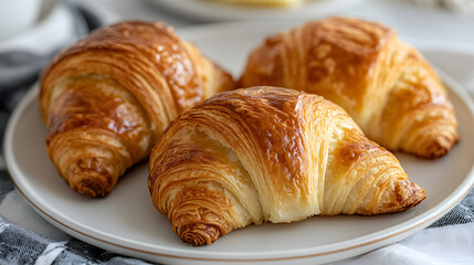 Fototapeta premium A photo of French croissants, with golden flaky layers and butter melting, served on a white plate, shot with a telephoto lens