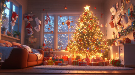 Obraz premium A cozy living room decorated for Christmas features beautifully lit tree adorned with colorful ornaments and surrounded by wrapped gifts. warm ambiance evokes festive spirit