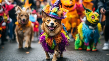 Dogs and Cats in Halloween Costumes at New York City Parade – Festive Pets Dressed as Witches, Clowns, and More for the Annual Halloween Celebration