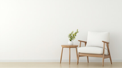 A cozy and modern living space featuring stylish wooden chair with white cushion, accompanied by small round table and potted plant, creating serene atmosphere