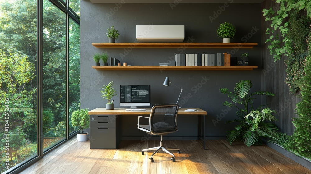 Wall mural a modern office with a large window and a computer desk