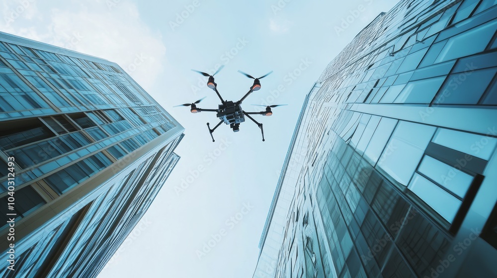 Poster a robotic drone conducting aerial inspections of a modern skyscraper, clean and dynamic environment 