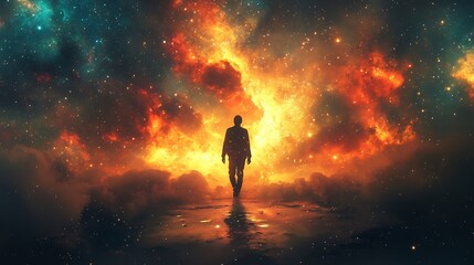 Obraz premium Enochs journey through stars floating among constellations celestial pathways heavenly gates opening before him vivid cosmic colors timeless ethereal journey