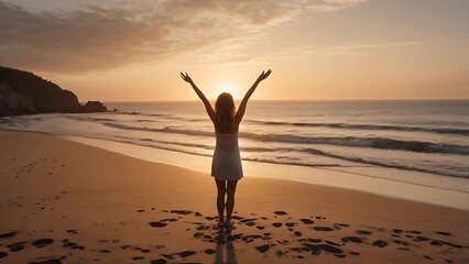 Fototapeta premium Woman cheering at sunrise by the beach with outstretched arms