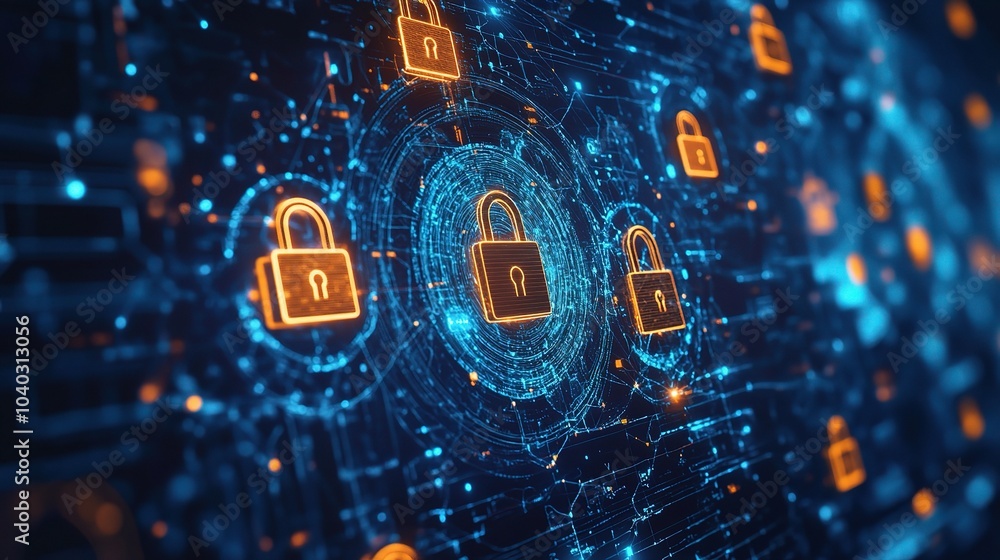 Poster flowing data streams with cybersecurity symbols