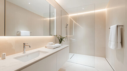 A modern bathroom featuring sleek design with glass shower, elegant fixtures, and soft lighting. space is bright and inviting, perfect for relaxation and rejuvenation