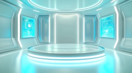 3D render of a futuristic white and blue sci-fi fashion room, with an empty circular podium in the center surrounded by a glowing light.