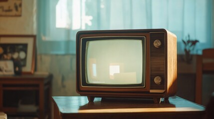 Vintage wooden television box with a framed screen cutout, designed using generative AI, showcasing a nostalgic aesthetic and unique craftsmanship.