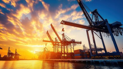 Fototapeta premium A contemporary shipping dock at sunrise, with cranes lifting containers amidst the early morning glow, symbolizing the optimism and prosperity of international commerce
