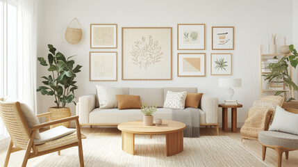 A cozy living room featuring light colored sofa adorned with decorative pillows, surrounded by framed botanical art on walls. space is enhanced by indoor plants and natural textures, creating serene a